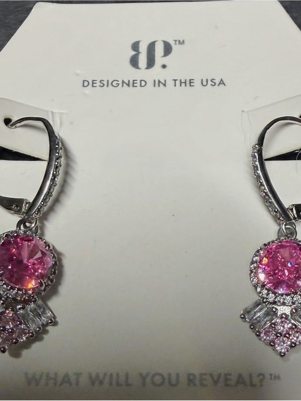 Pink Crystal Drop Earrings with Silver-Tone Setting